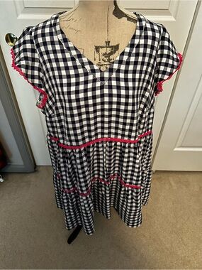 Navy & White Gingham Tiered Casual Dress with Pink Trim